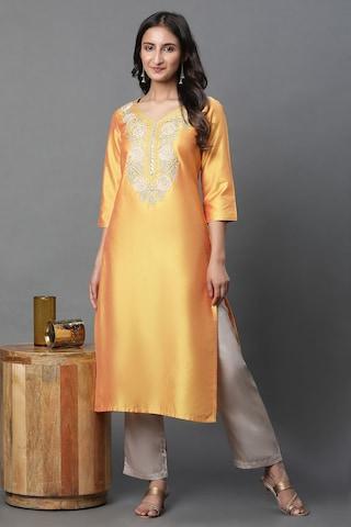 orange embroidered calf-length ethnic women regular fit kurta