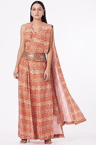orange embroidered draped saree set