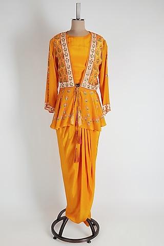 orange embroidered draped skirt set