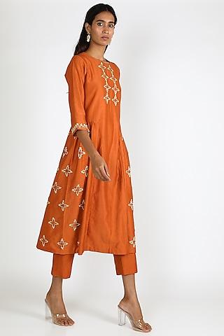 orange embroidered gathered kurta set