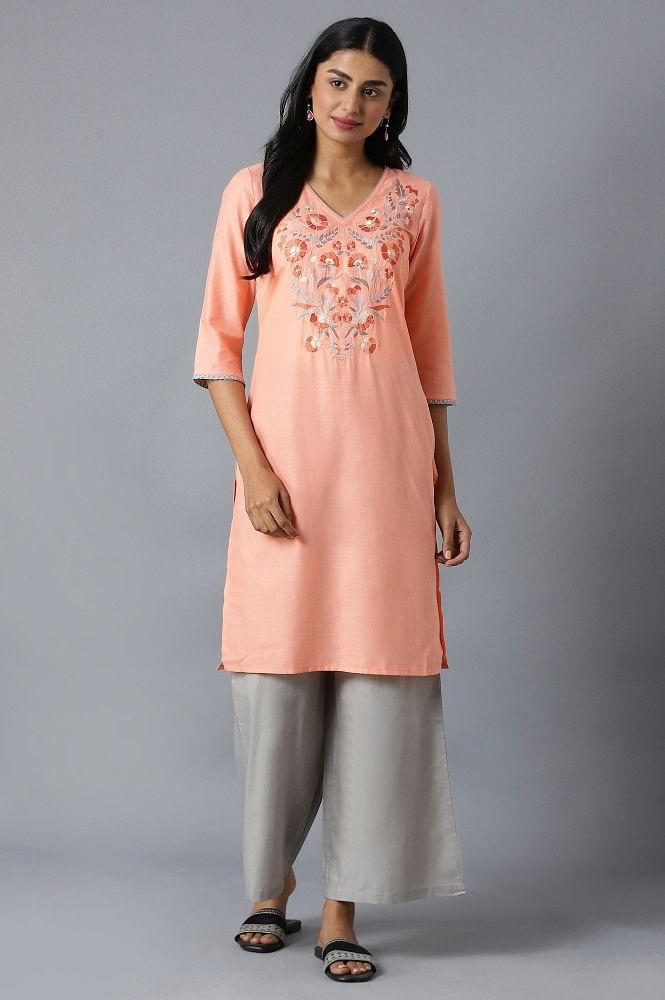 orange embroidered kurta inn v-neck with grey straight palazzo