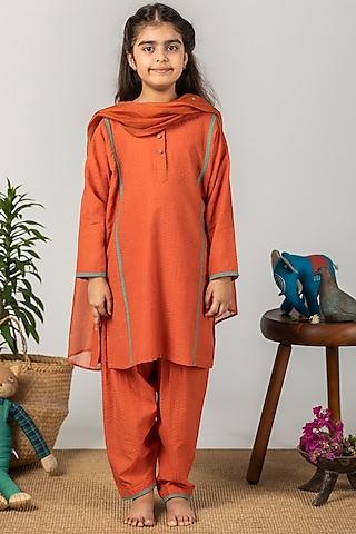 orange embroidered kurta set for girls