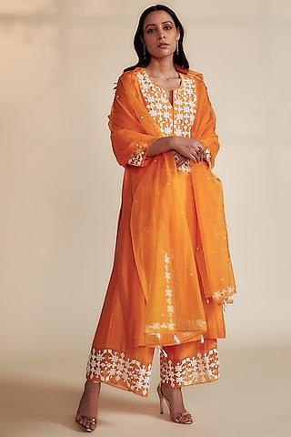 orange embroidered kurta set