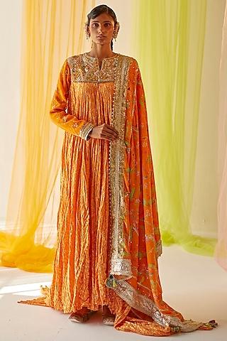 orange embroidered kurta set