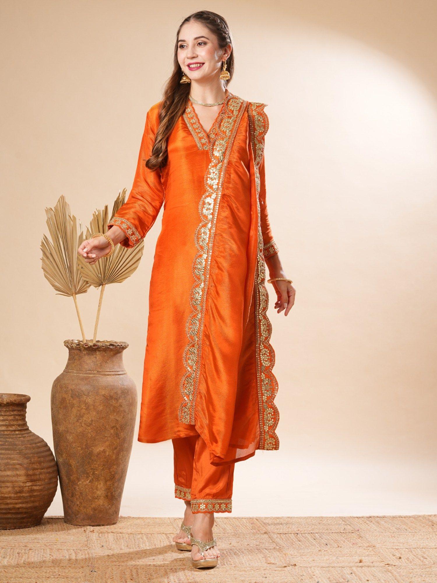 orange embroidered kurta with pant and dupatta (set of 3)