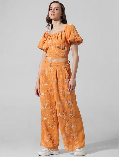 orange embroidered off-shoulder co-ord set top
