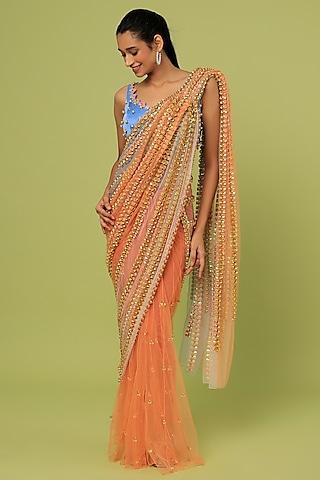 orange embroidered pre-pleated saree set