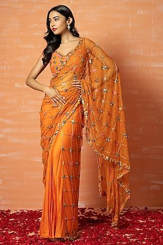 orange embroidered pre-stitched saree set