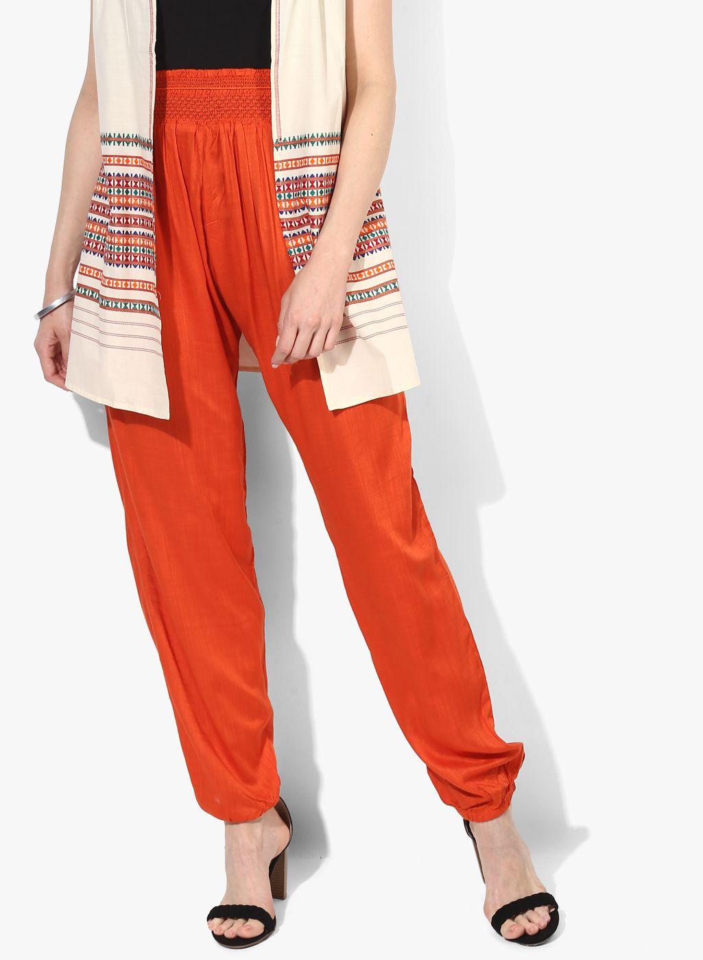 orange embroidered regular fit coloured pants