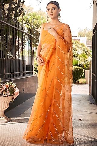 orange embroidered saree set