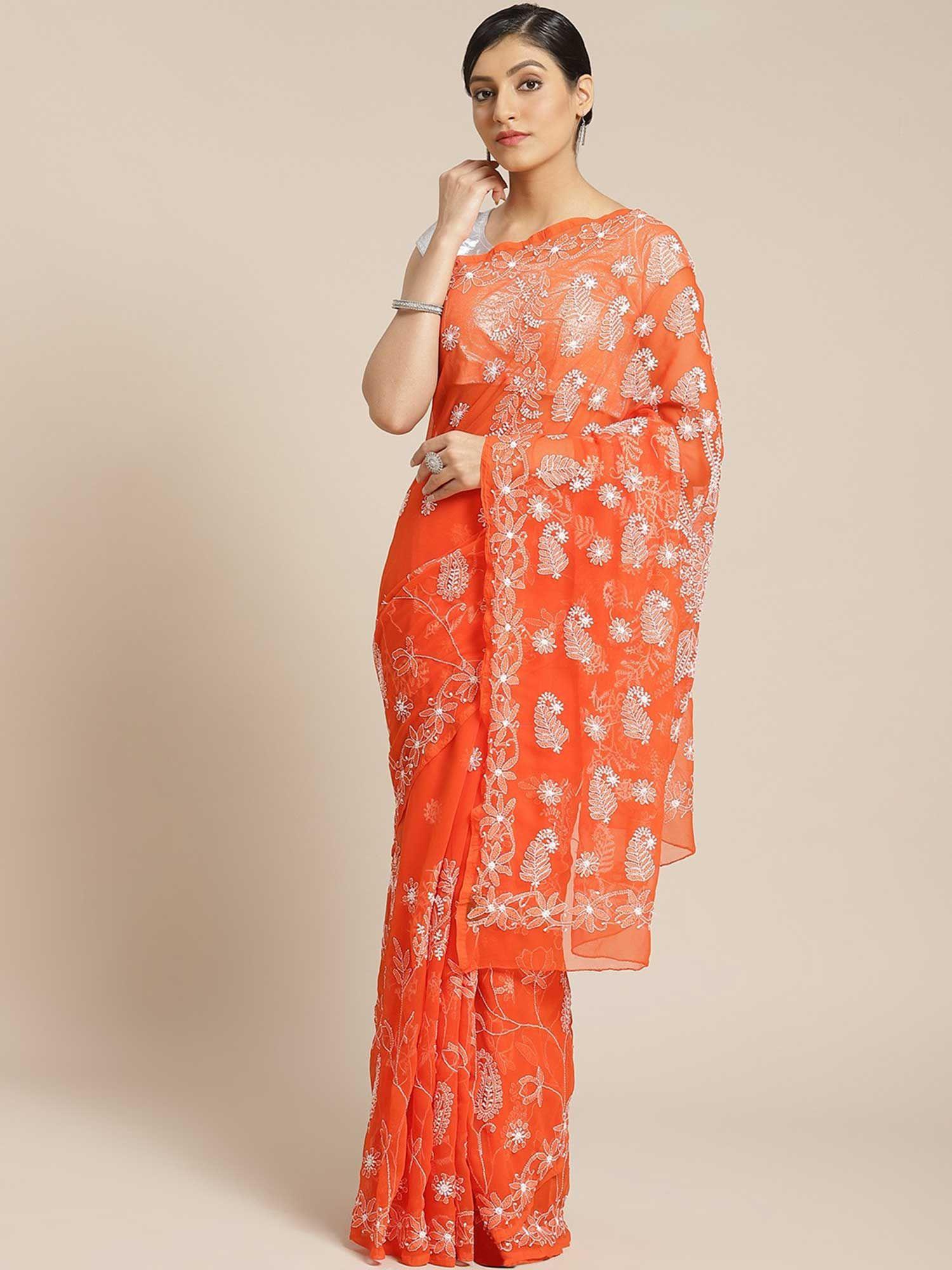 orange embroidered saree with unstitched blouse (a250039)