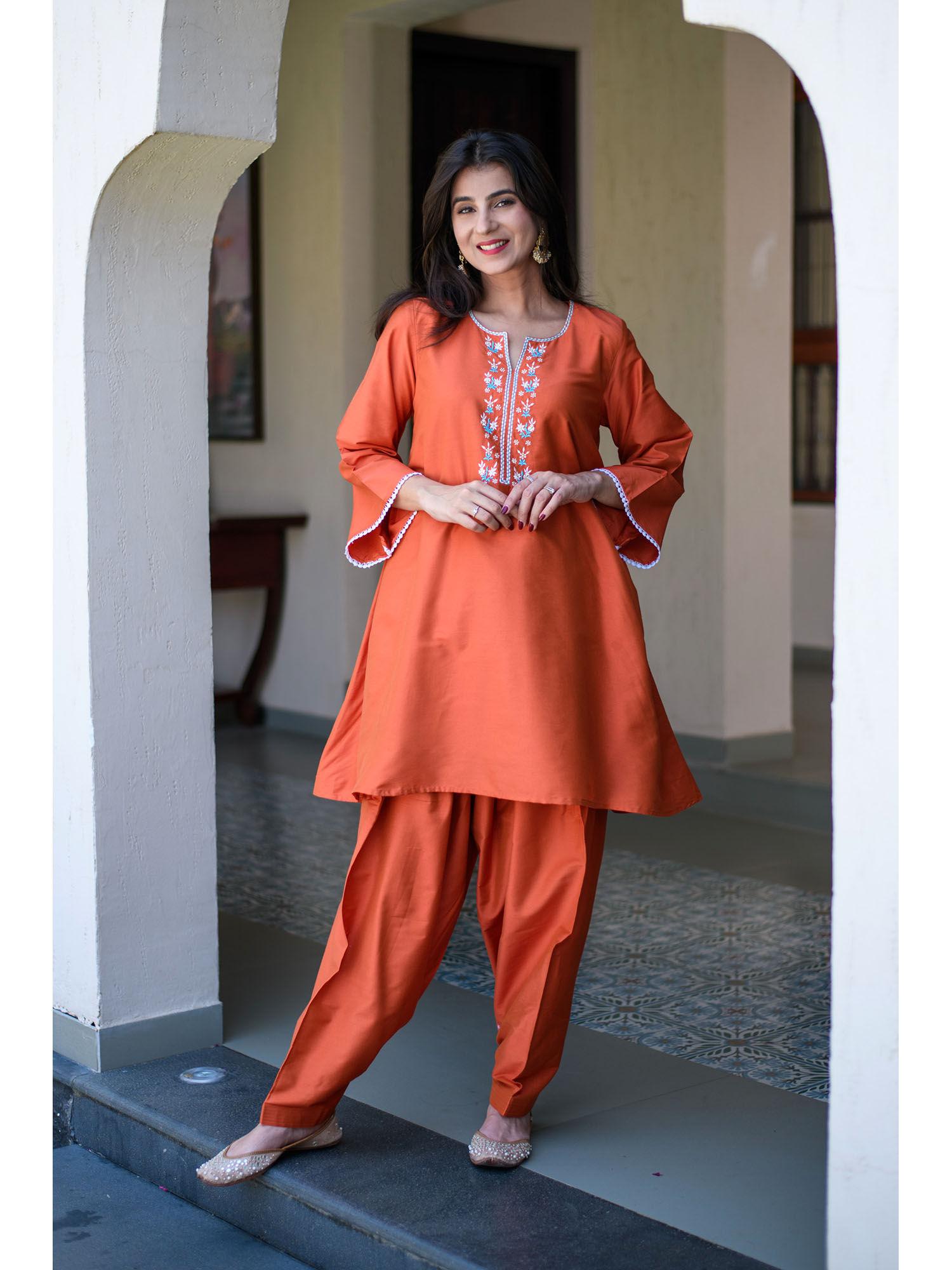 orange embroidered short kurta with salwar (set of 2)