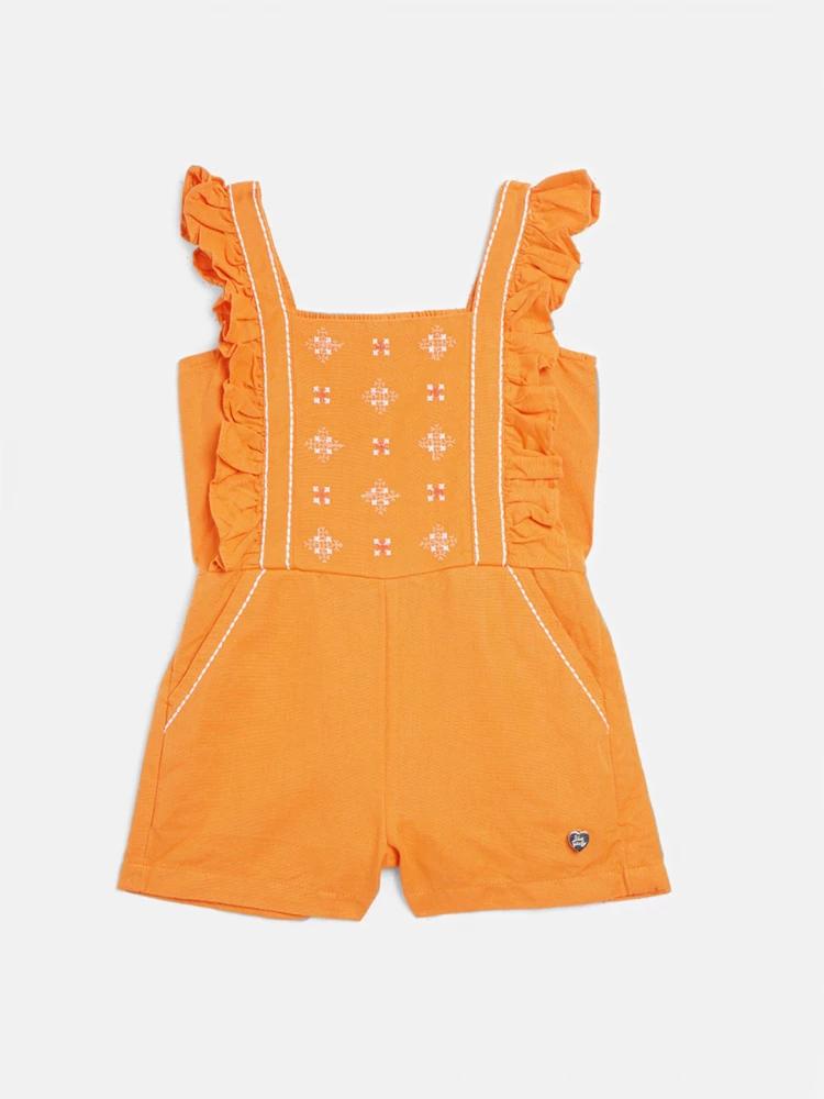 orange embroidered square neck jumpsuit