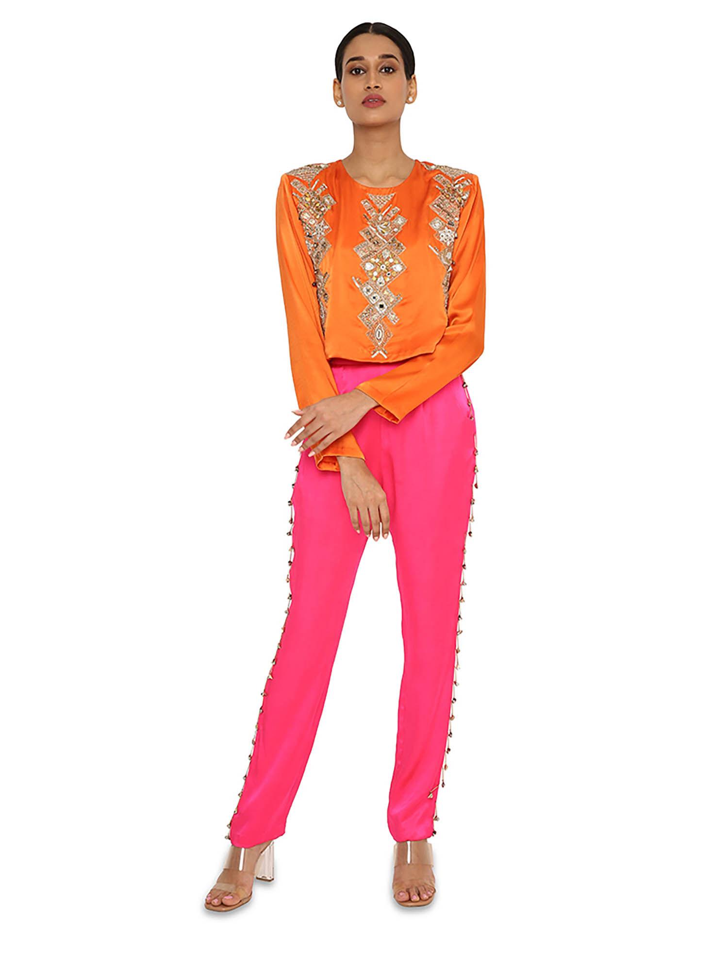 orange embroidered top with pant (set of 2)