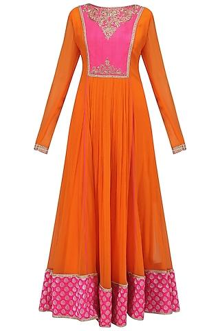 orange embroidered yoke anarkali and churidaar set