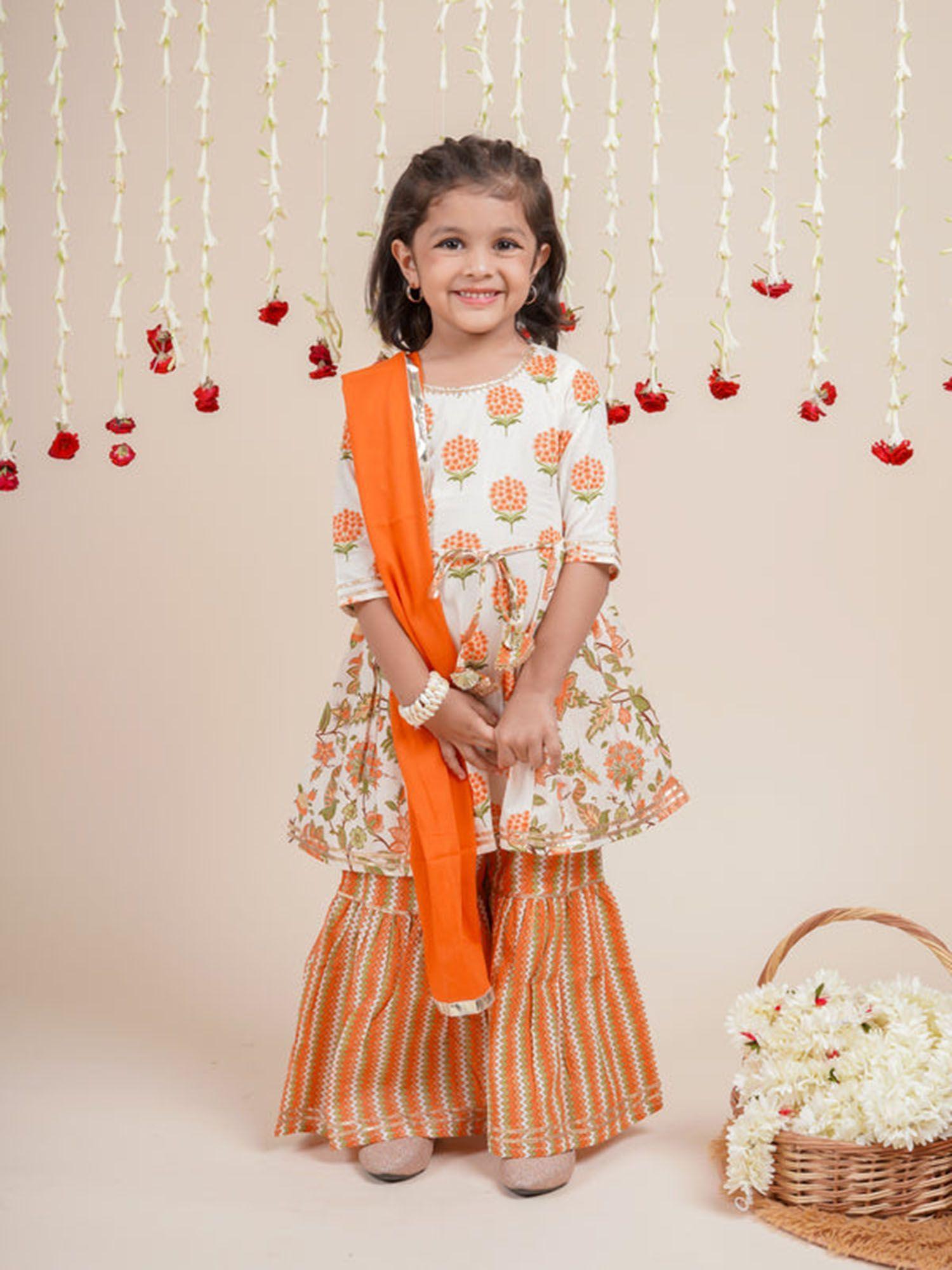 orange ethnic motif kurta and sharara with dupatta (set of 3)