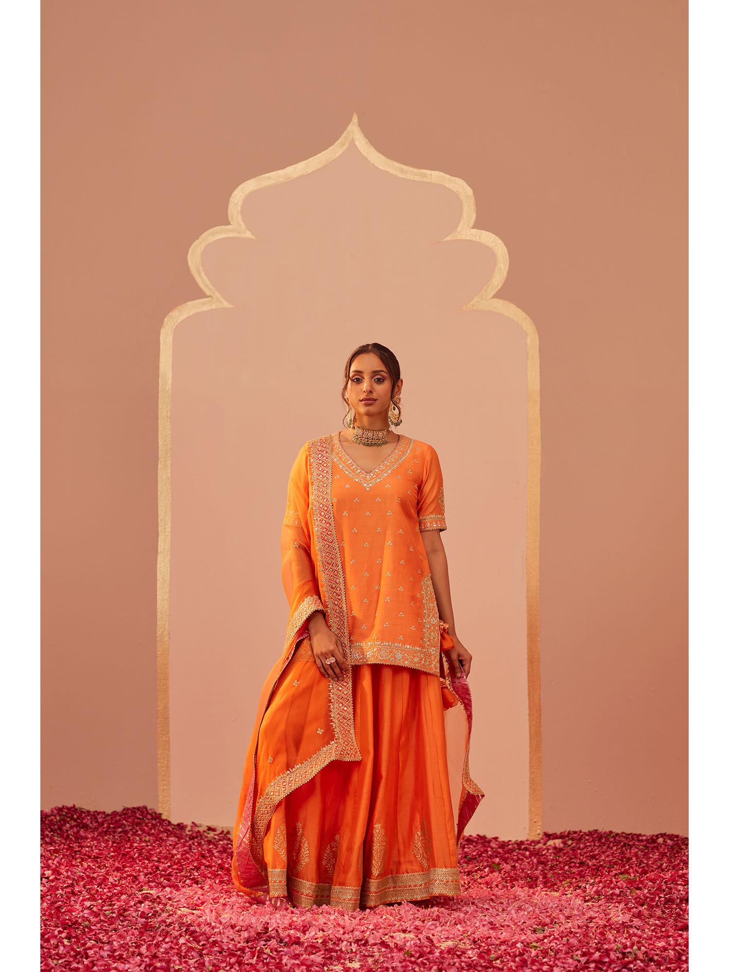 orange faiza kurta with lehenga and dupatta (set of 3)