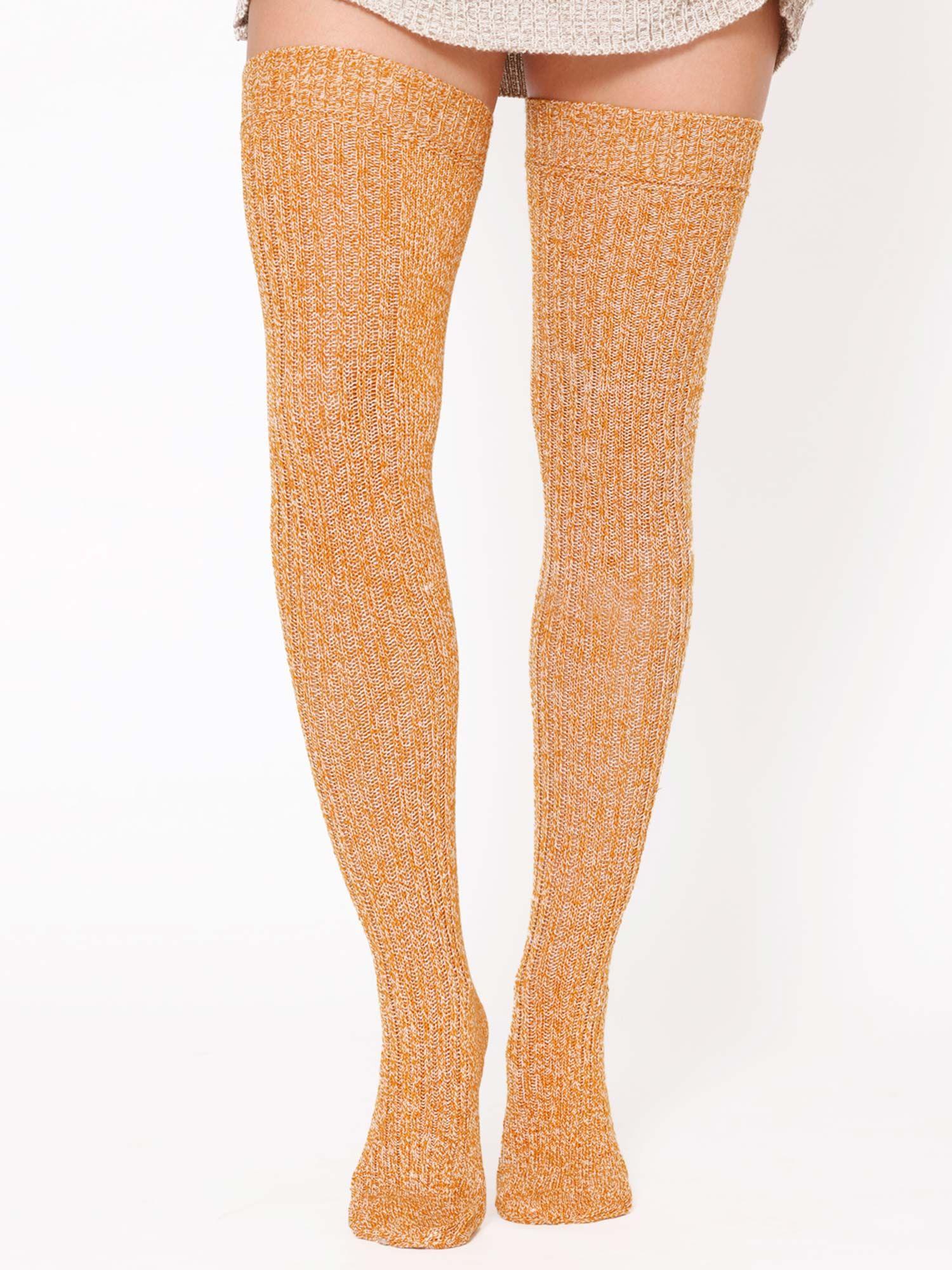 orange fine knitted thigh length long winter socks