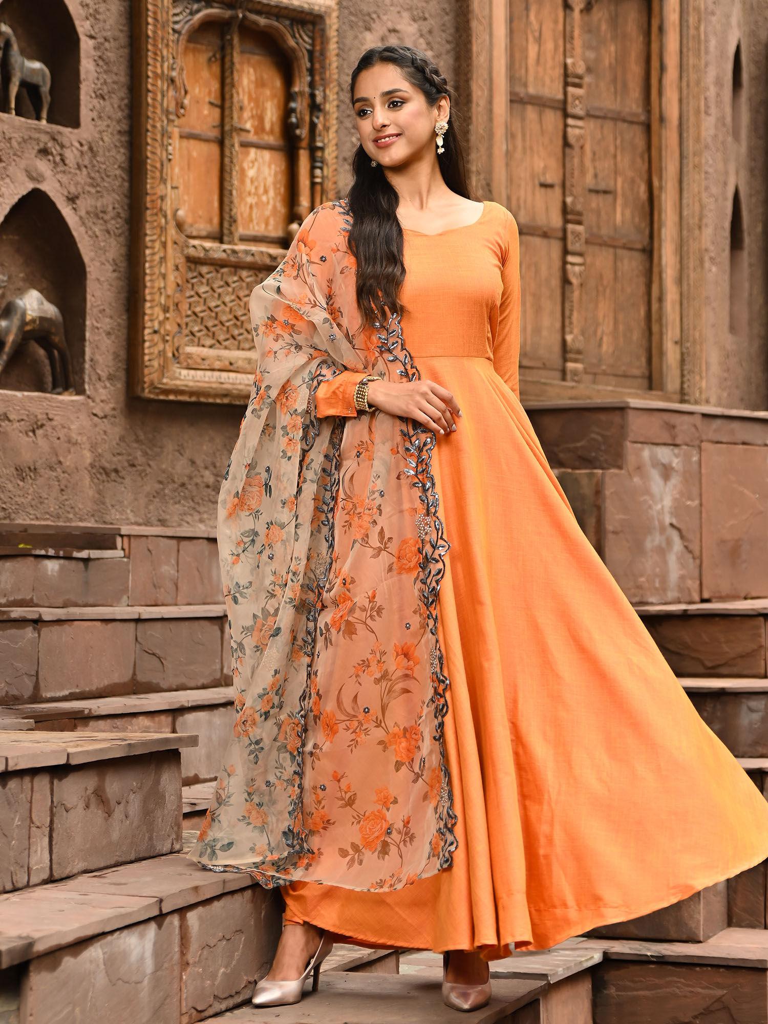 orange fit and flare anarkali with floral organza dupatta (set of 2)