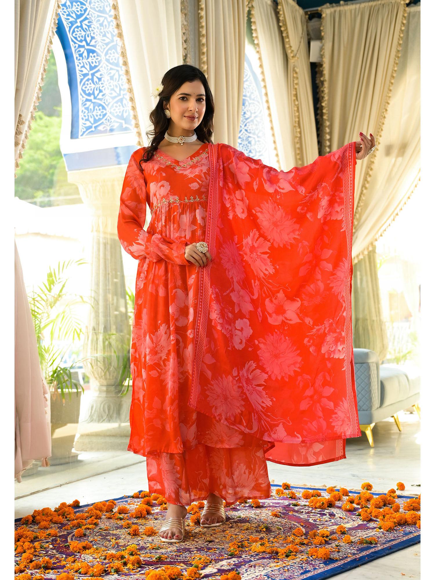 orange floral chiffon kurta with palazzo & dupatta (set of 3)