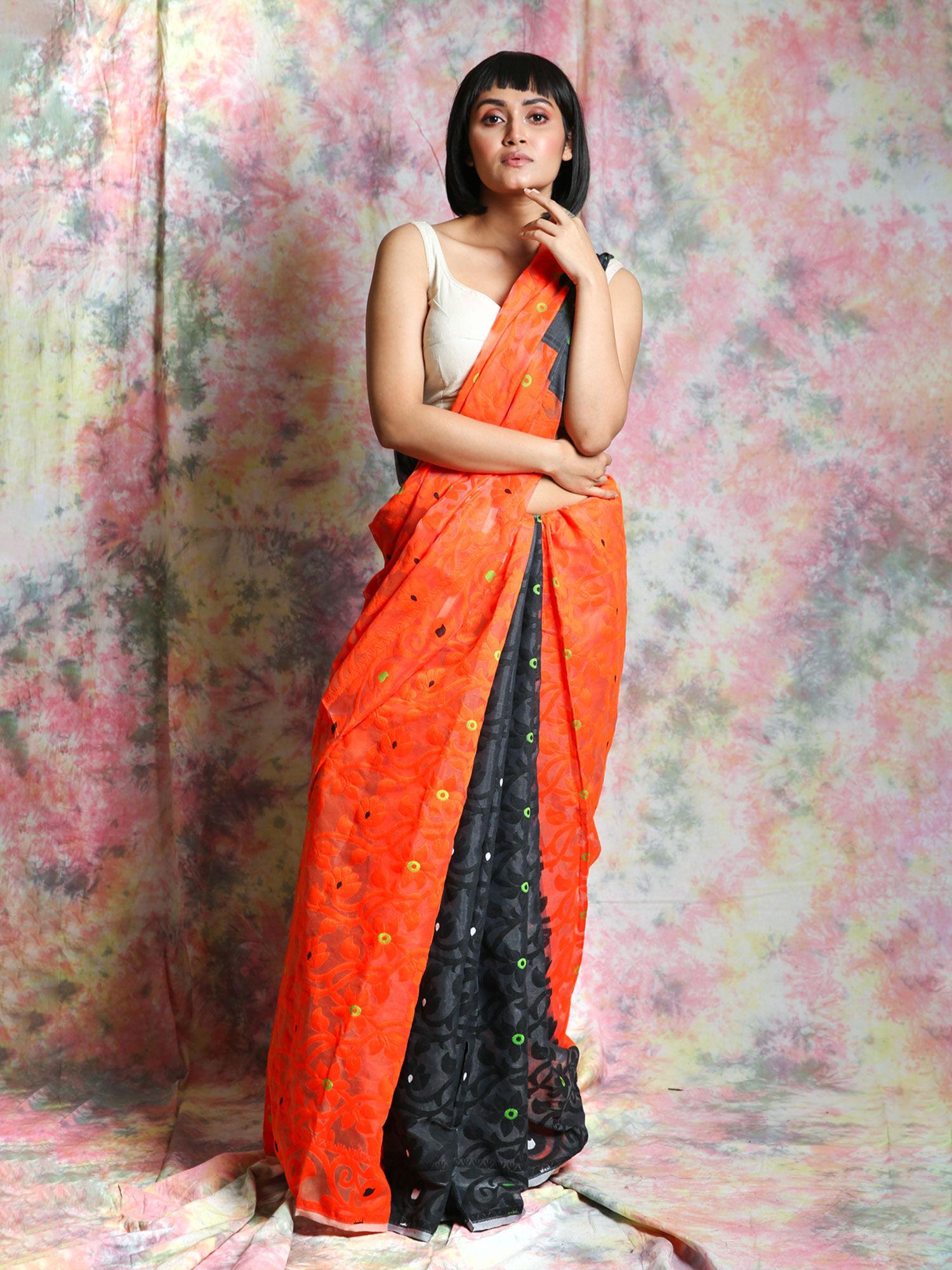 orange floral cotton saree