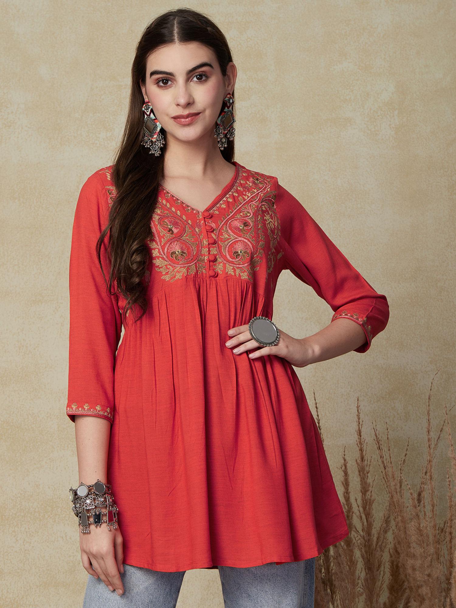 orange floral embroidered a-line flare kurti