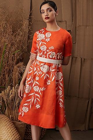 orange floral embroidered dress with belt