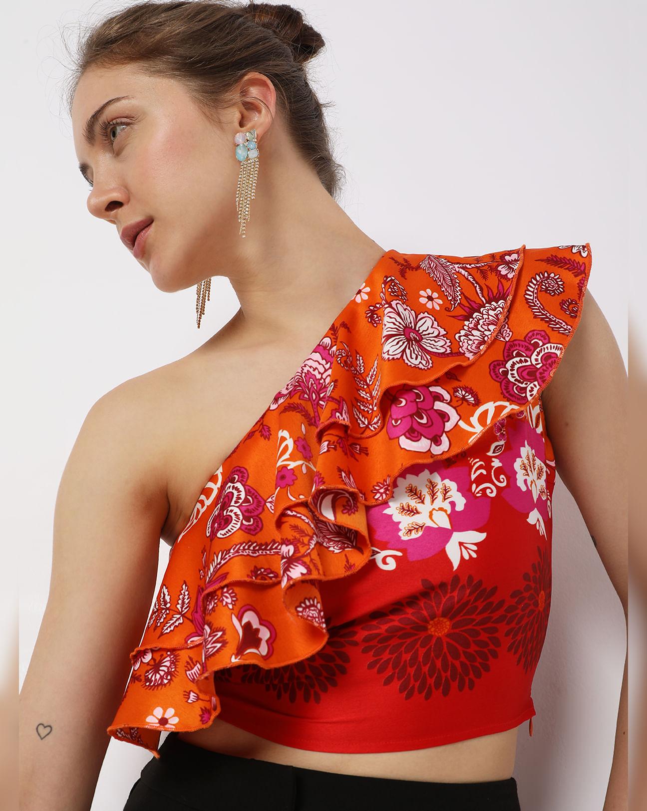 orange floral one-shoulder co-ord top