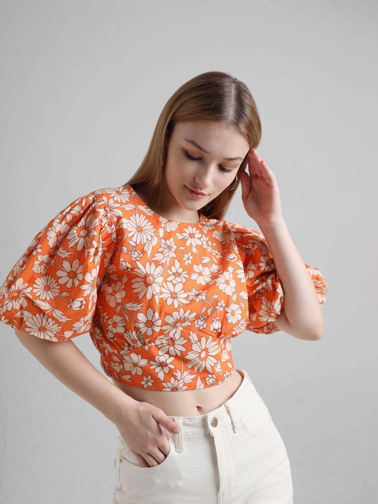 orange floral print crop top