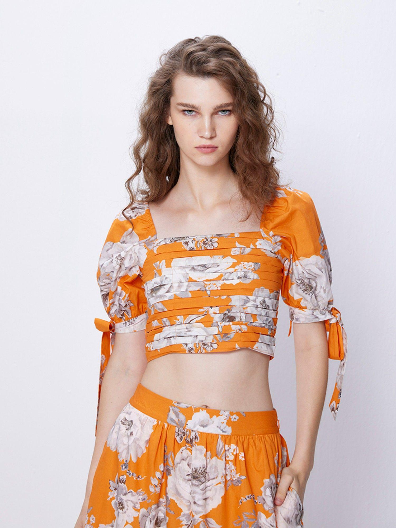 orange floral print crop top