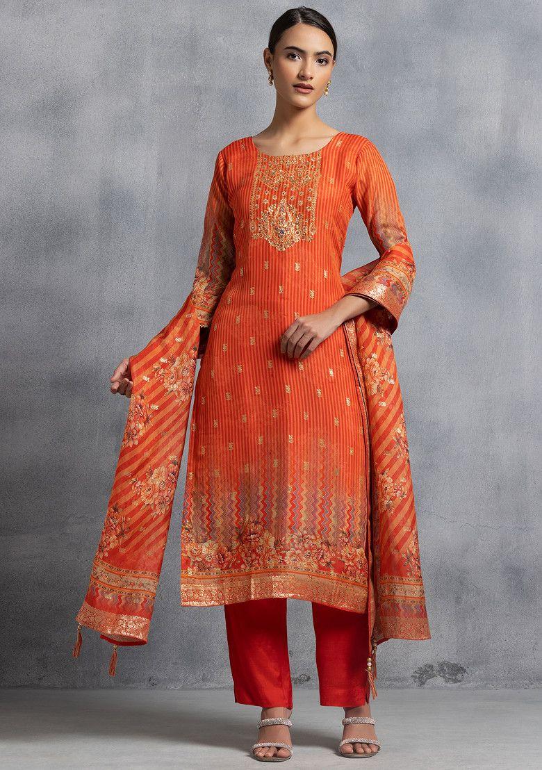 orange floral print embellished organza kurta set with pants and dupatta