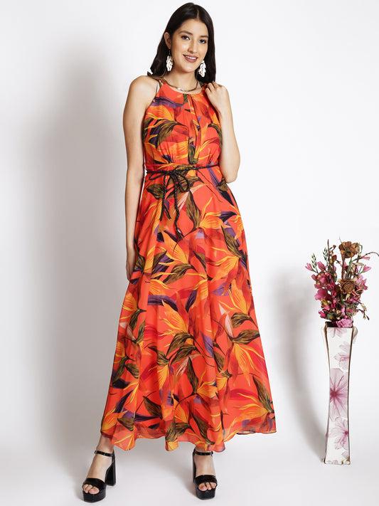 orange floral print georgette maxi dress