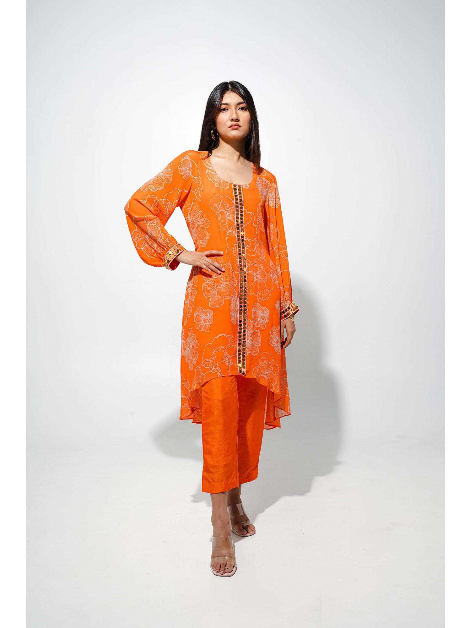 orange floral print kurta with high low hemline & pant (set of 2)