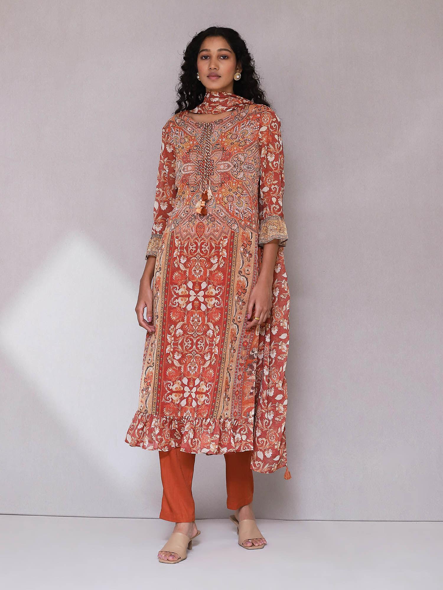 orange floral print kurta with pant and dupatta (set of 3)