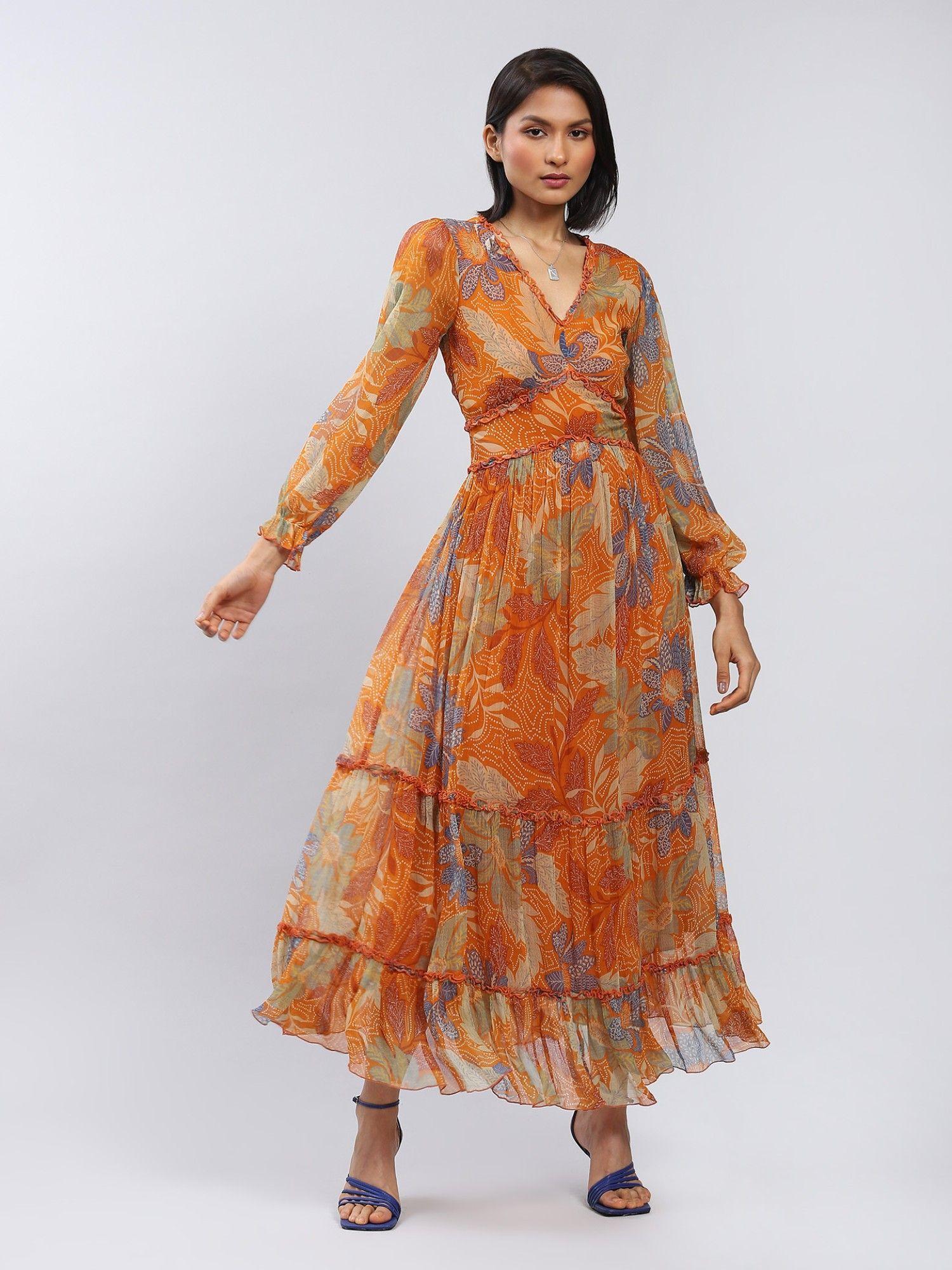 orange floral print long dress with tiers