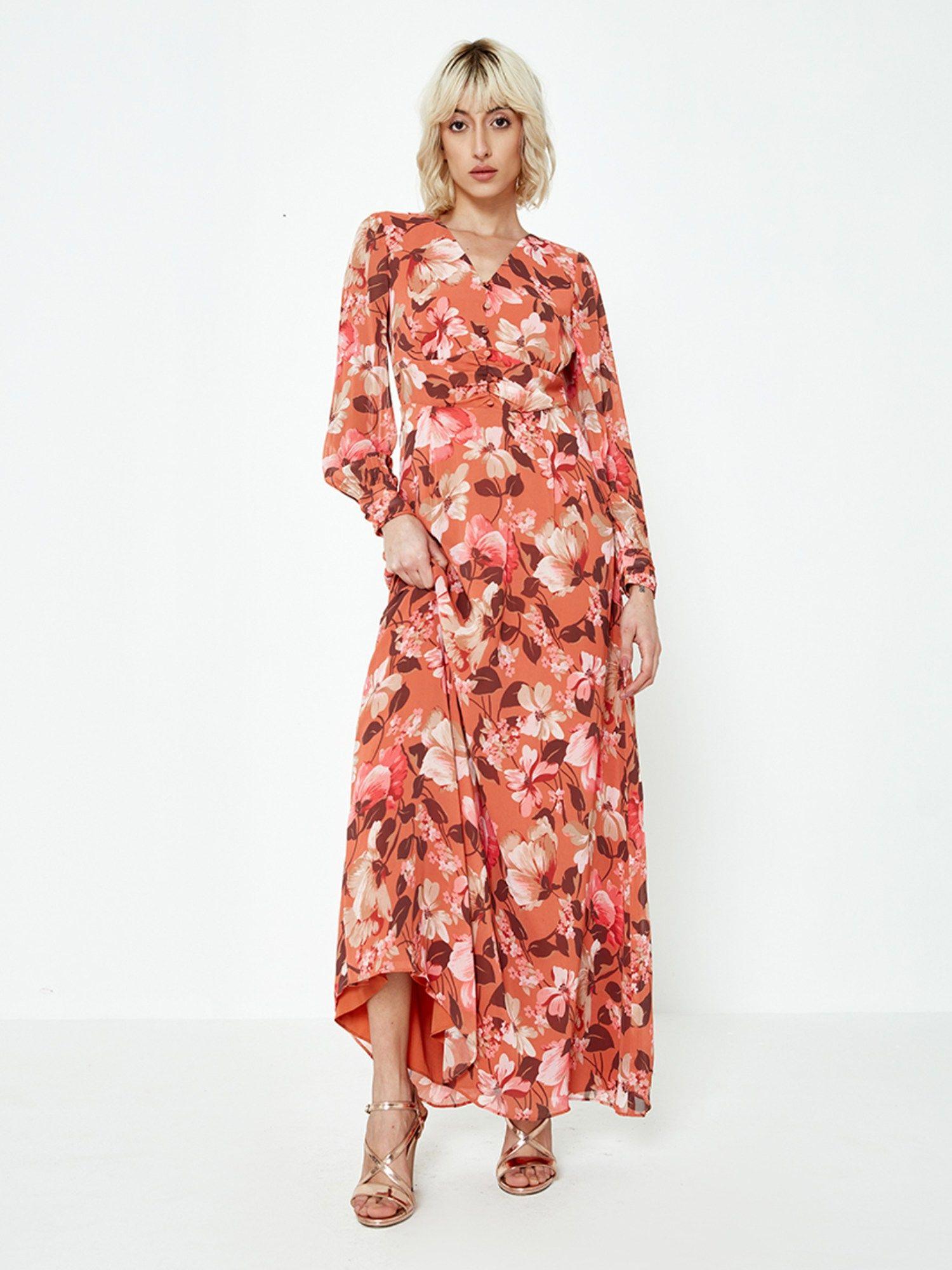 orange floral print maxi dress