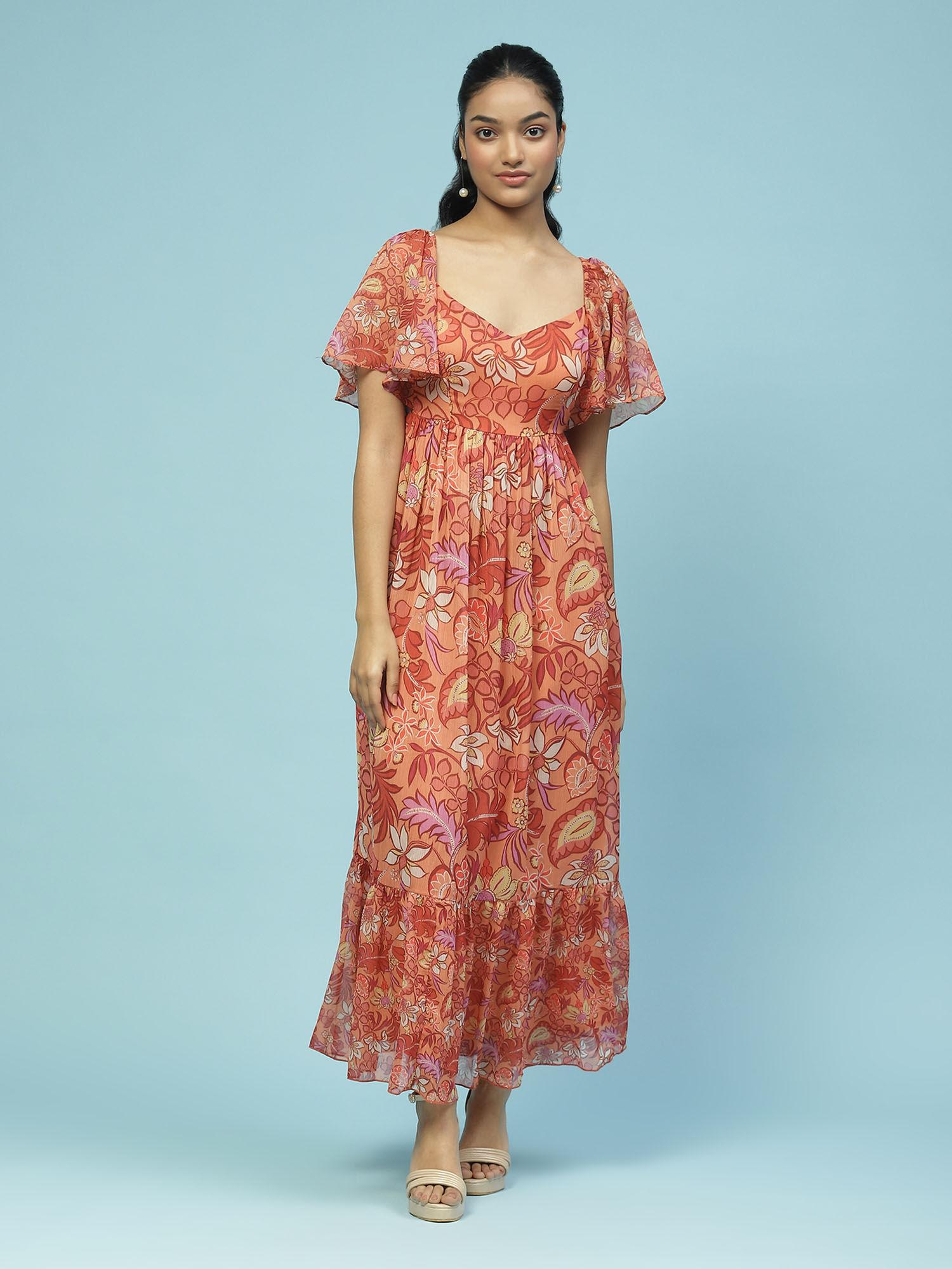 orange floral print maxi dress