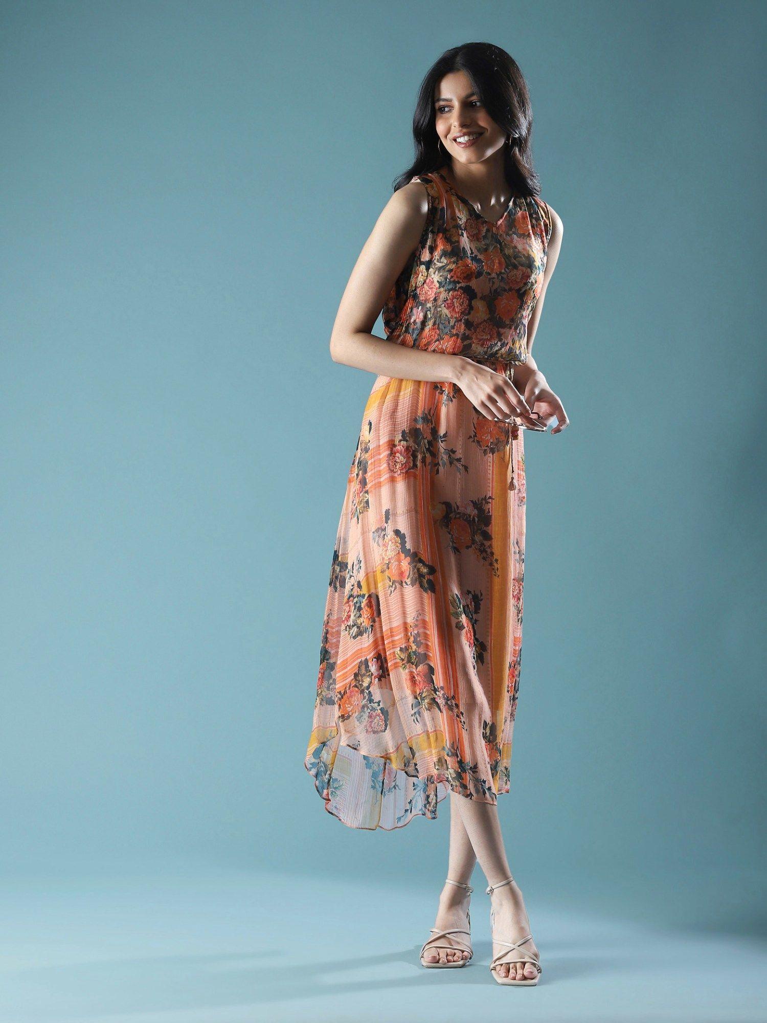 orange floral print midi dress with inner (set of 2)