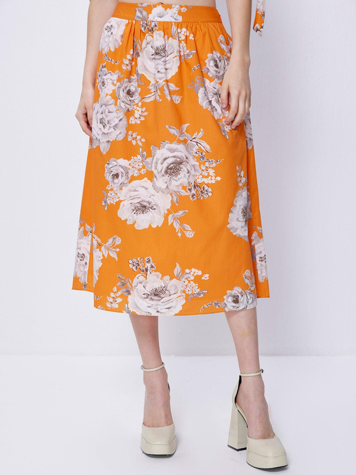 orange floral print midi skirt