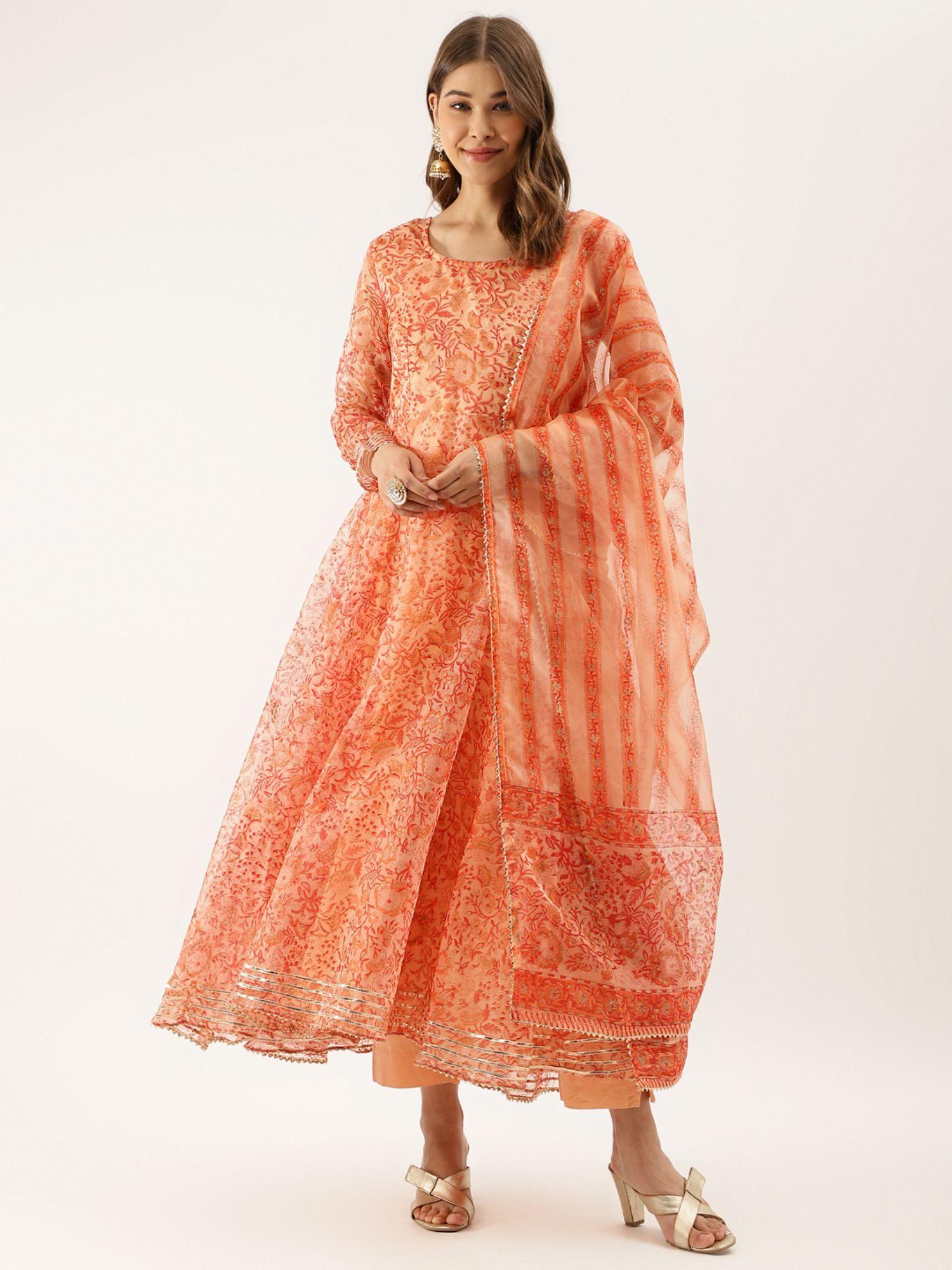 orange floral print organza anarkali kurta with dupatta (set of 3)