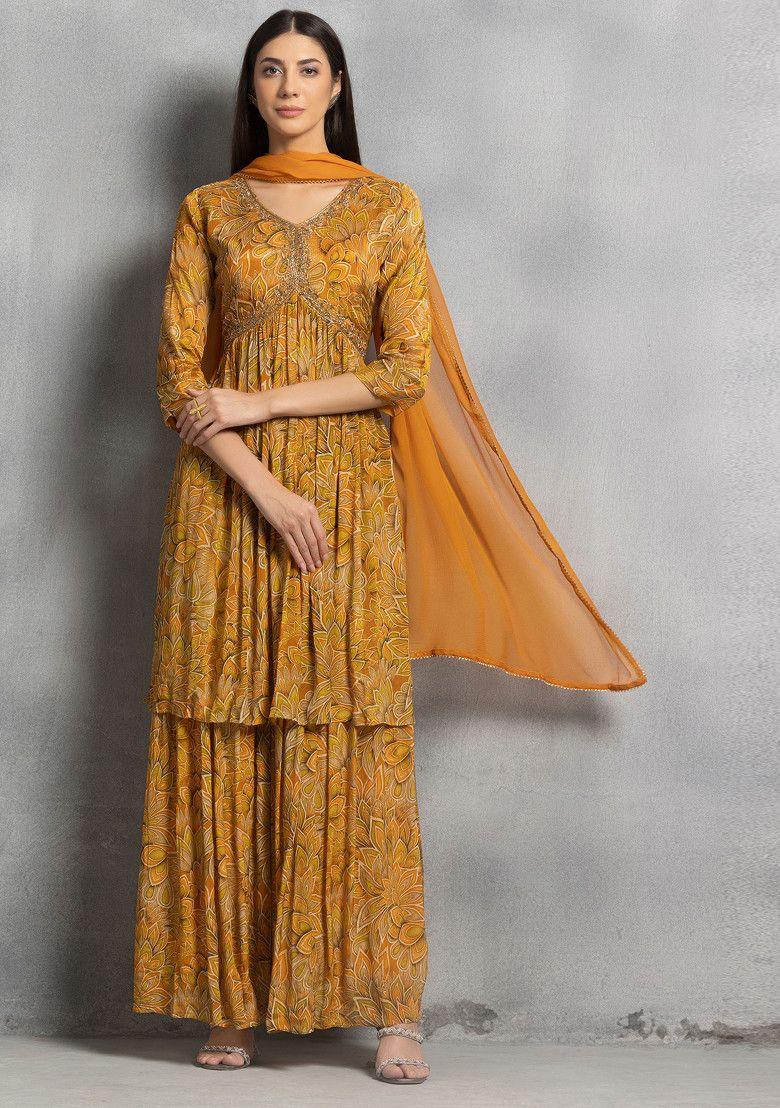 orange floral print sharara set with hand embellished kurta and dupatta