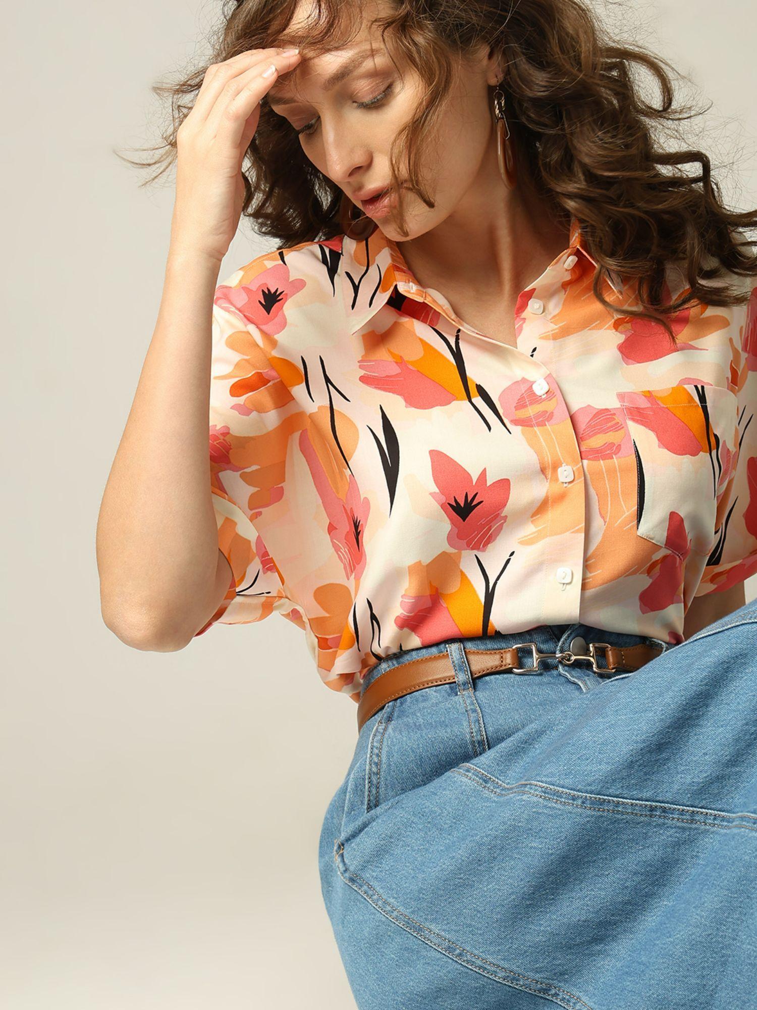 orange floral print shirt