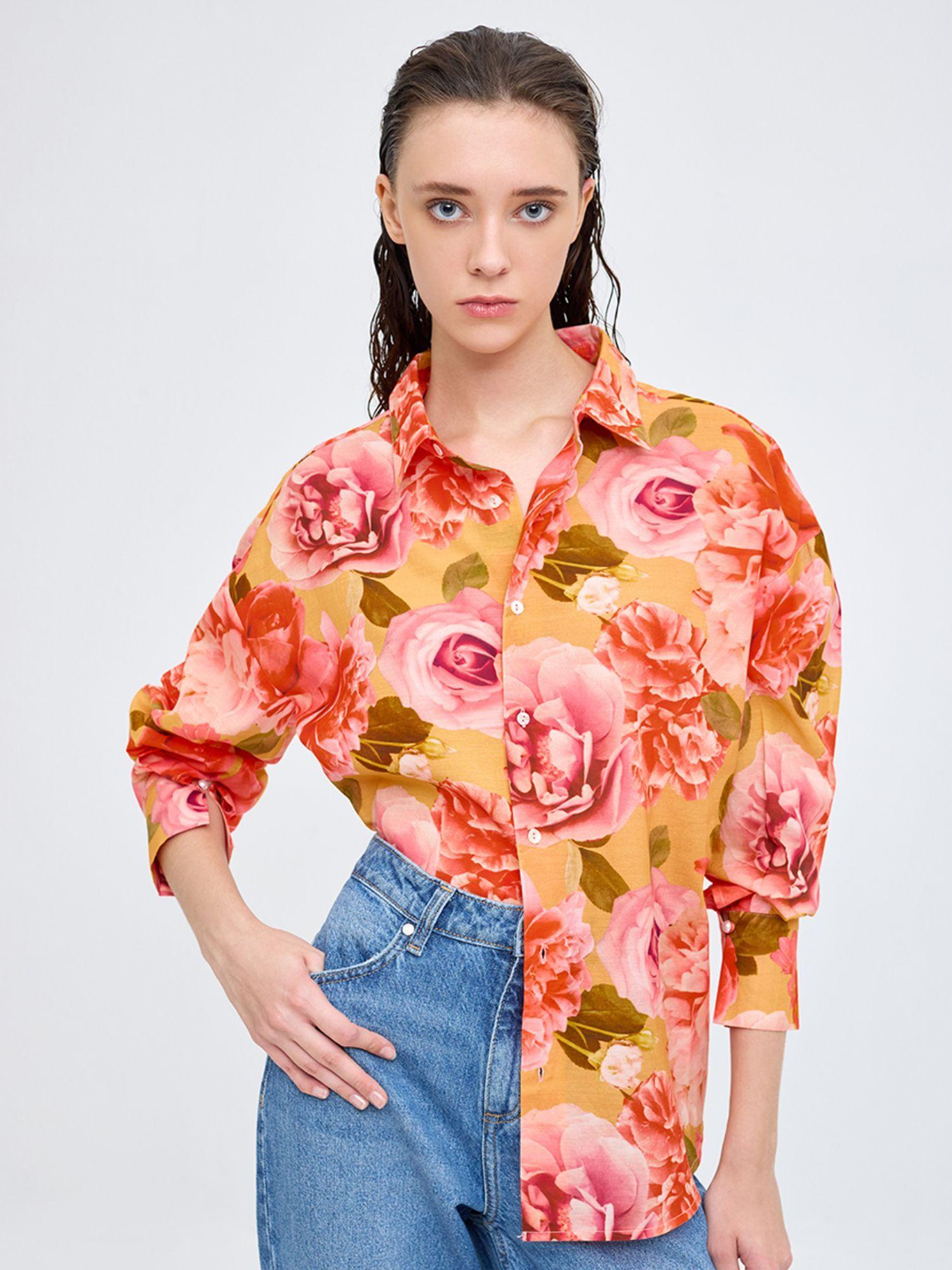 orange floral print shirt