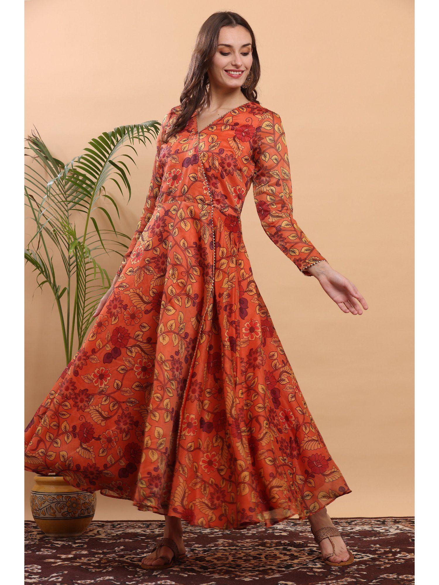 orange floral printed anarkali