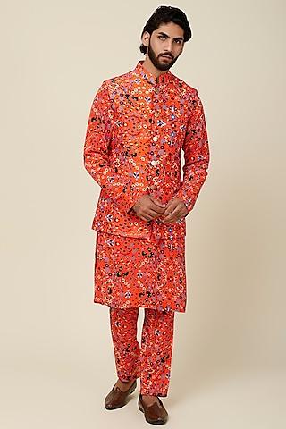 orange floral printed bundi jacket