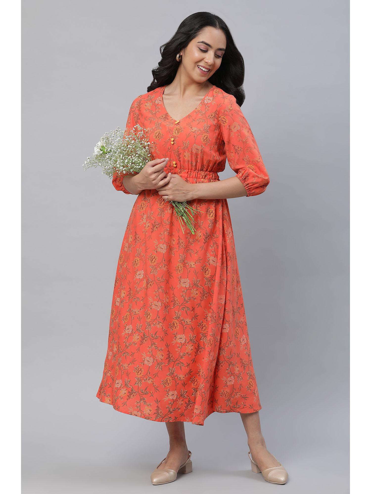 orange floral printed gathered dress