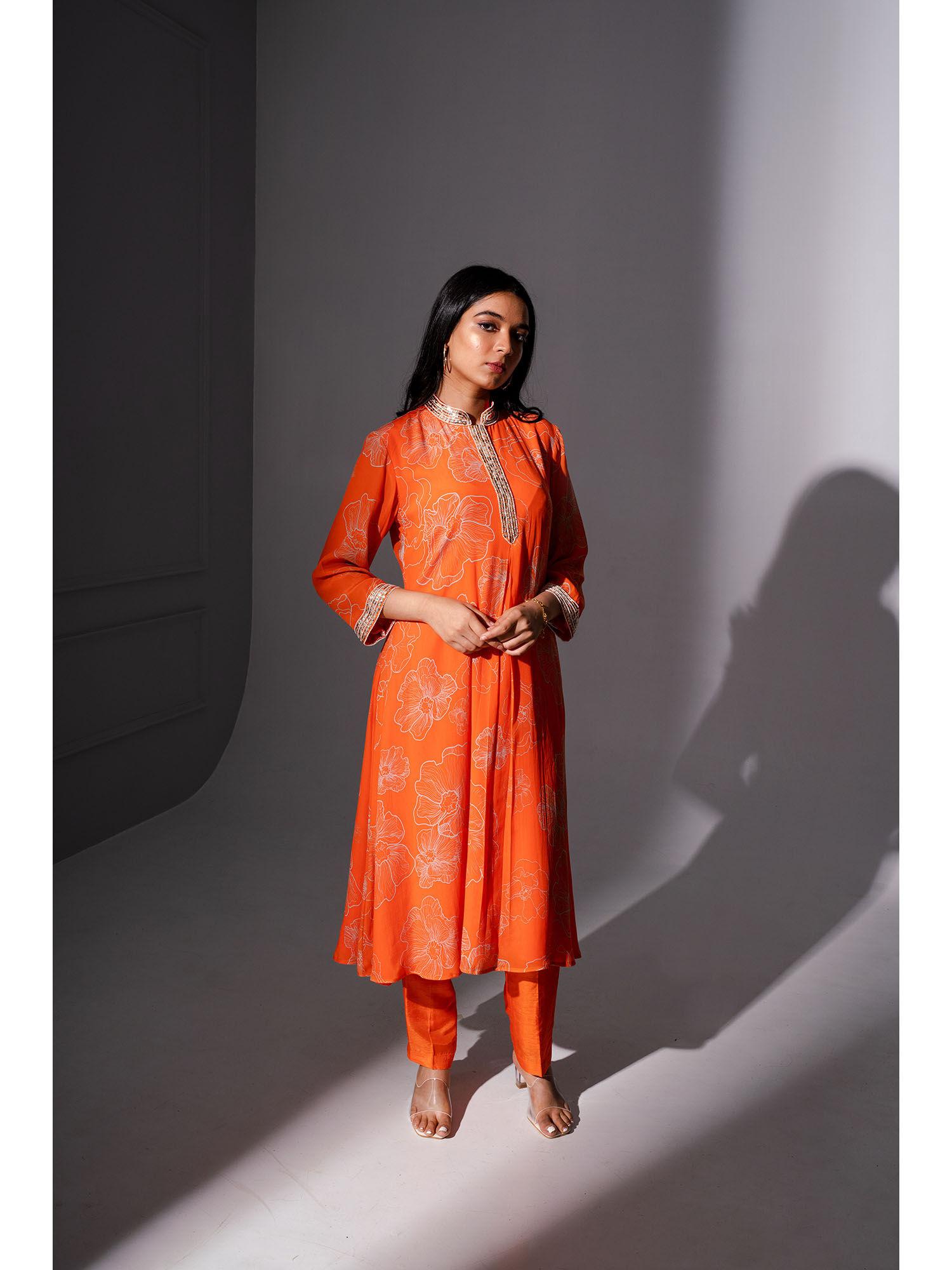 orange floral printed kurta with pant (set of 2)