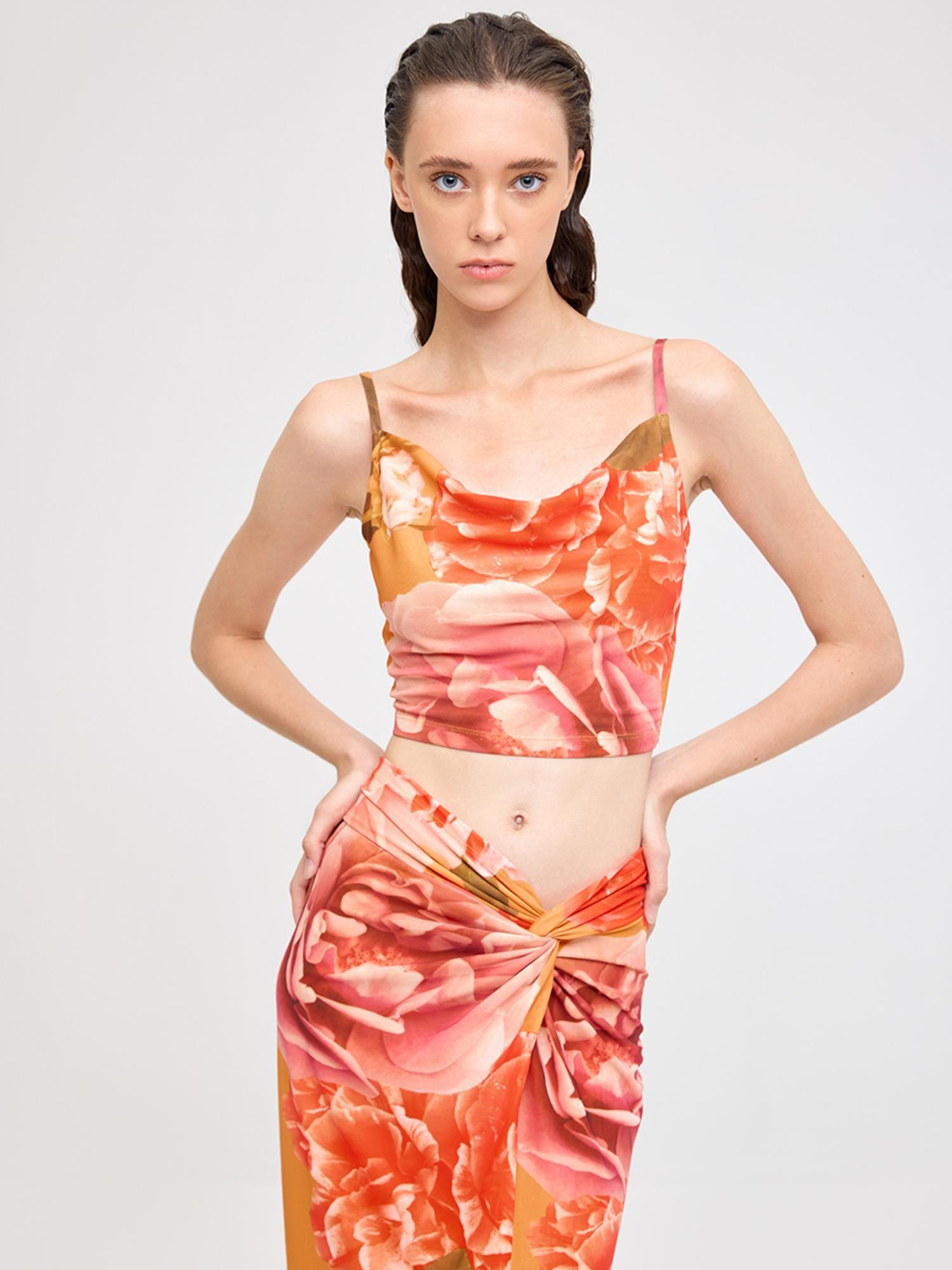 orange floral printed mesh crop top