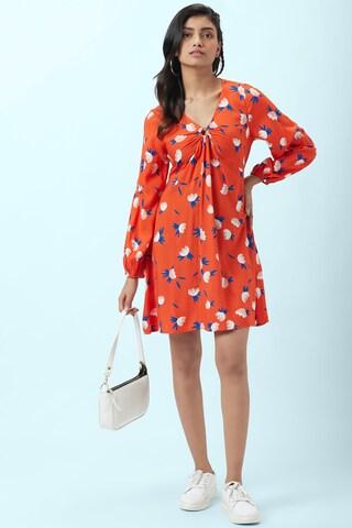 orange floral printed v neck casual thigh-length full sleeves women regular fit dress