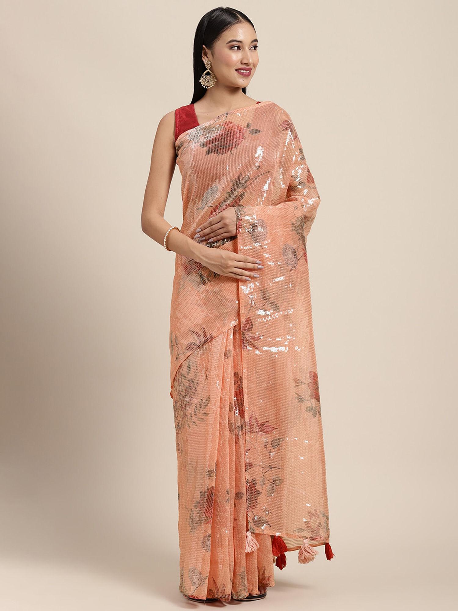 orange floral sequinned organza saree with unstitched blouse